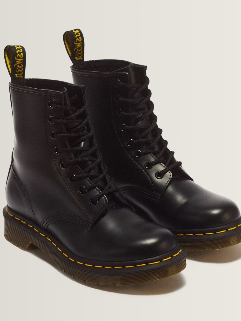 1460 Dr. Martens Black Leather Lace-Up Women's Boots with Yellow Stitching